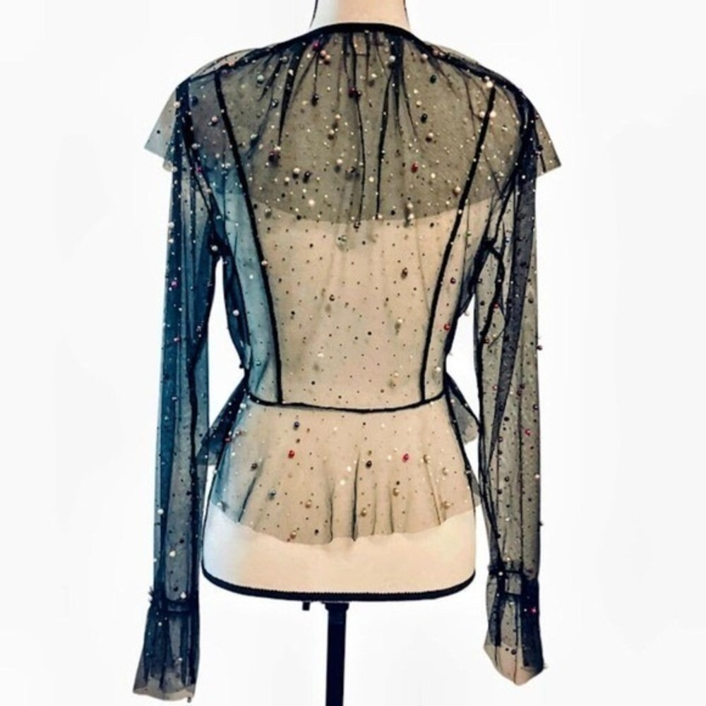 Honey Punch Black Sheer Mesh Pearl Embellished Peplum Tie Front Top Small - Picture 5 of 8